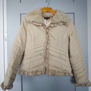 Down filled Cream Ruffle-Trim Real Fur Collar Puffer Jacket